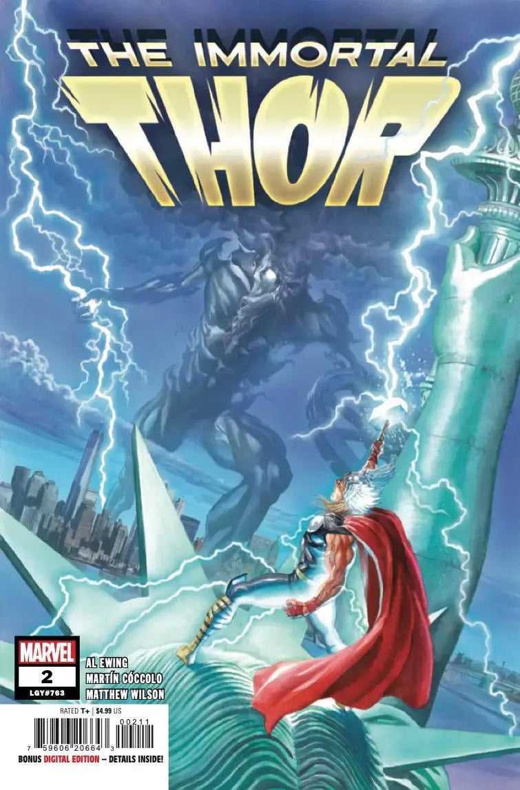 Immortal Thor #2 cover: Thor stands atop the Statue of Liberty while a shadowy figure with a missing eye and a glowing eye socket charges toward him.