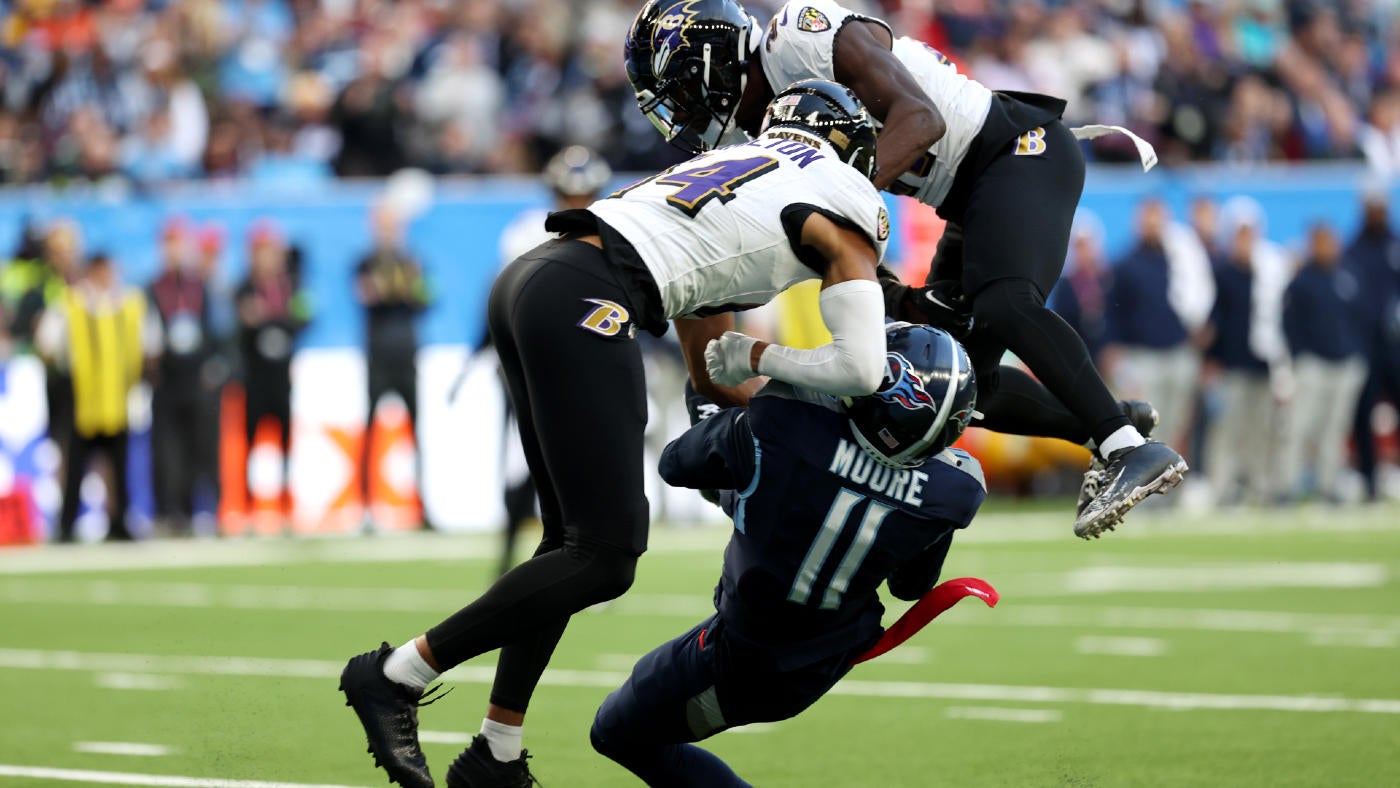 Ravens' Kyle Hamilton ejected after scary hit on Titans' Chris Moore during Week 6 game in London