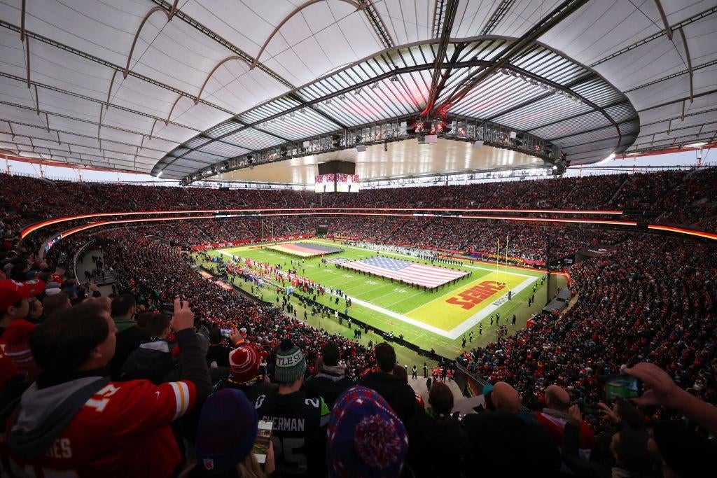 LOOK: Dolphins' Jake Bailey smashes punt that drills the video board in Germany game against Chiefs