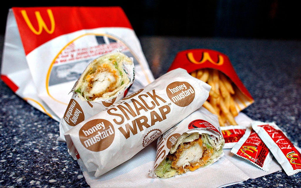 A chicken snack wrap combo meal is seen at a McDonald's rest