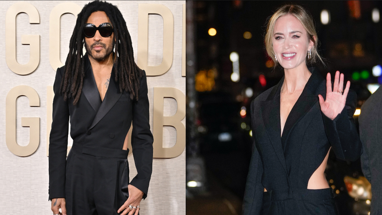 Emily Blunt and Lenny Kravitz Wear the Same Exact Skin-Baring Jumpsuit