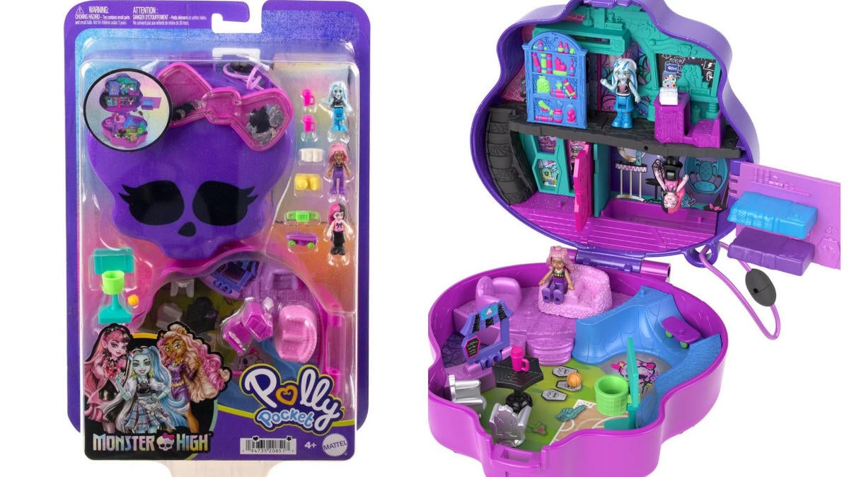 ​Polly Pocket Monster High Playset with 3 Micro Dolls & 10 Accessories,  Opens to High School, Collectible Travel Toy with Storage