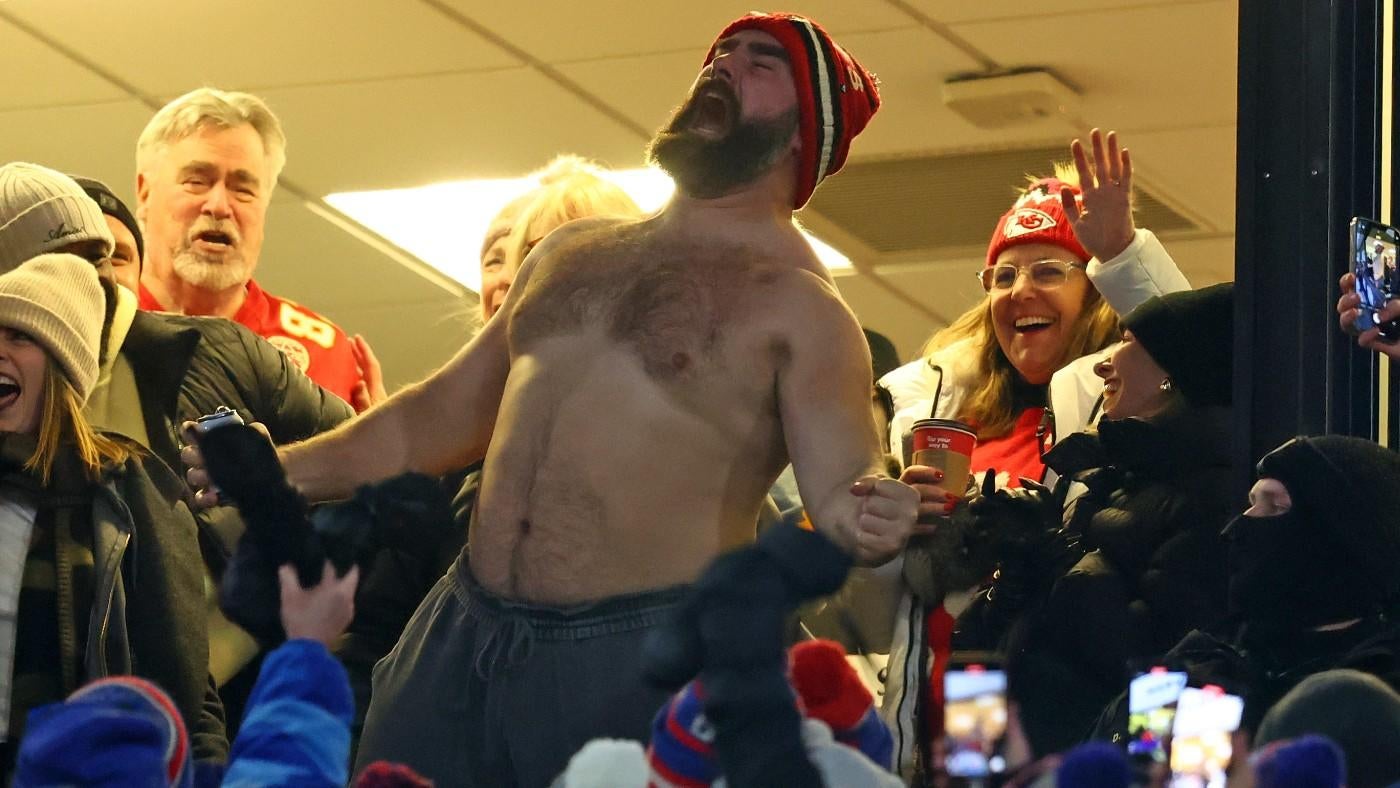 Jason Kelce shows up to Super Bowl 2024 in Chiefs overalls to cheer on brother Travis