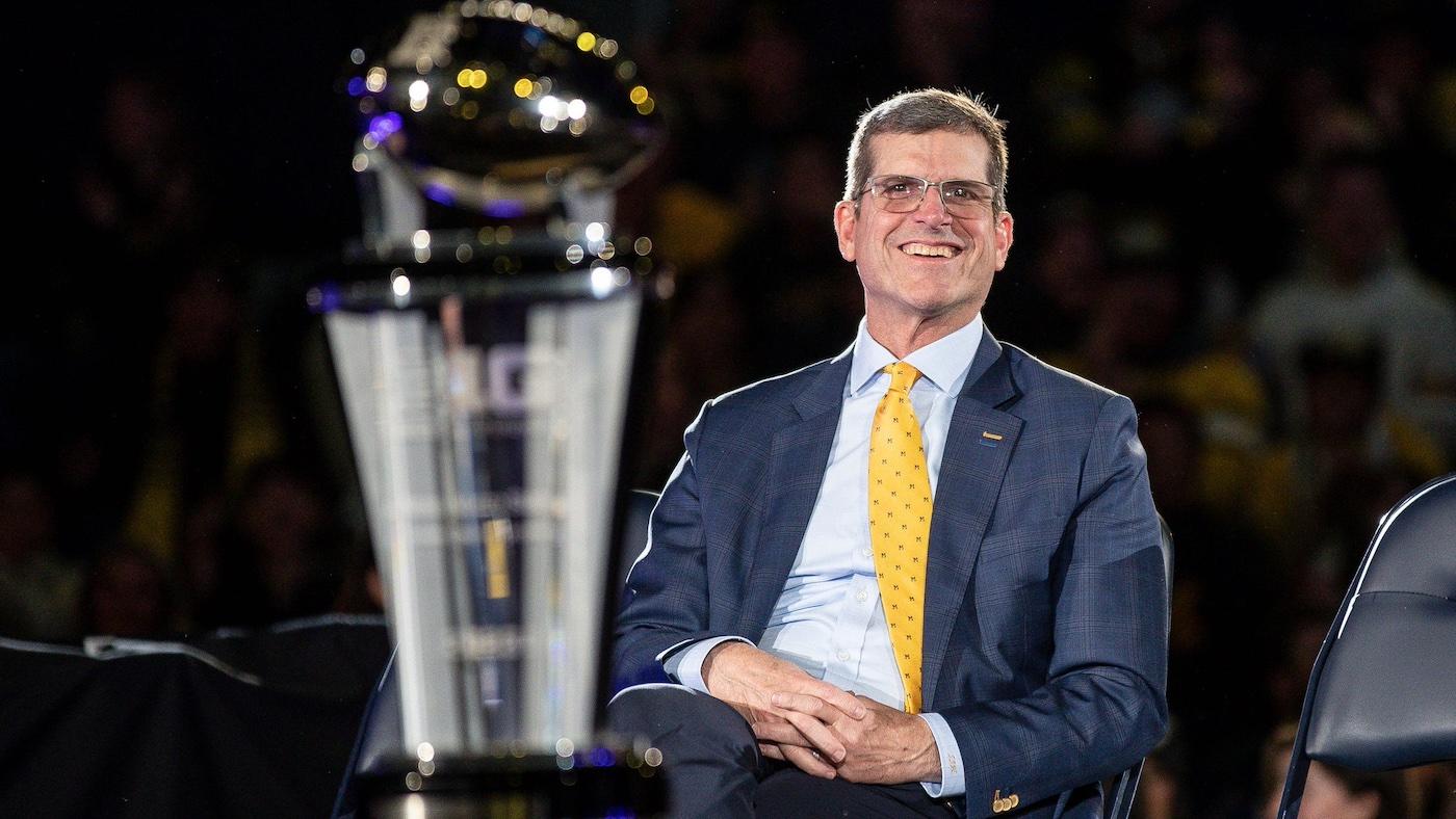 LOOK: Jim Harbaugh returns to Michigan for ring ceremony, follows through on national title tattoo promise