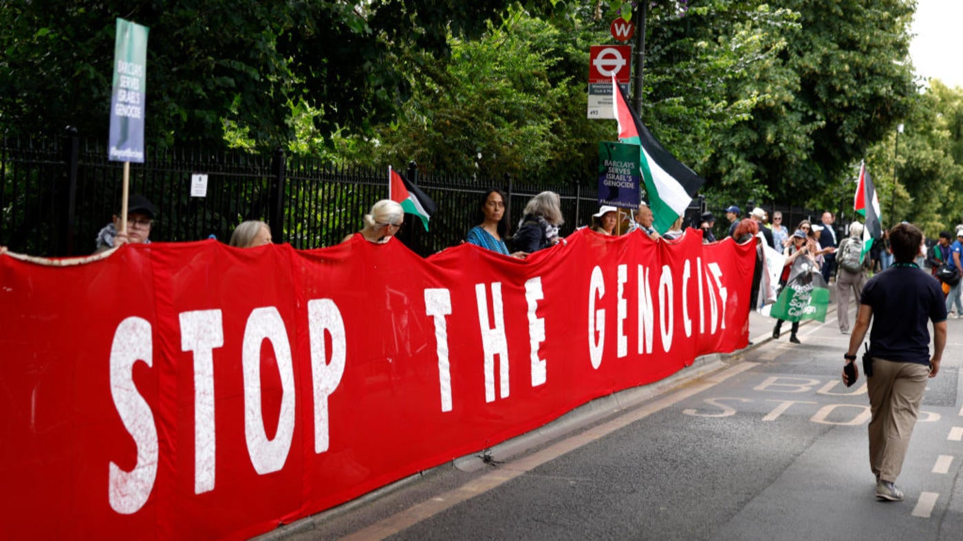 Wimbledon 2024: Pro-Palestinian protesters gather at All England Lawn Tennis Club on opening day of tournament