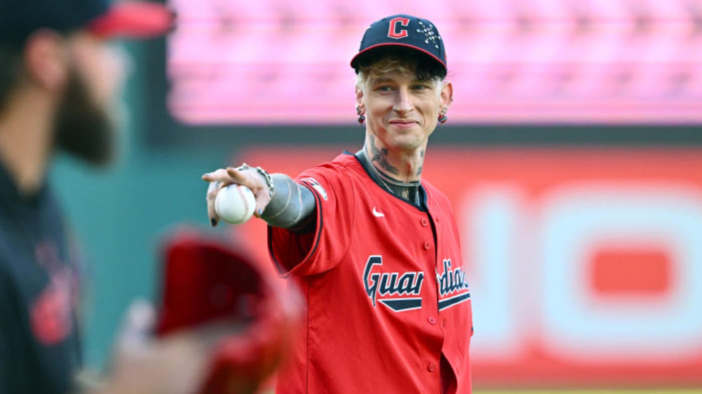 LOOK: Machine Gun Kelly launches baseball into stands for ceremonial first pitch prior to Guardians game