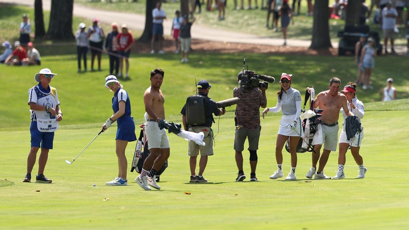 LOOK: Team USA caddies rip their shirts off after Alison Lee holes out at Solheim Cup