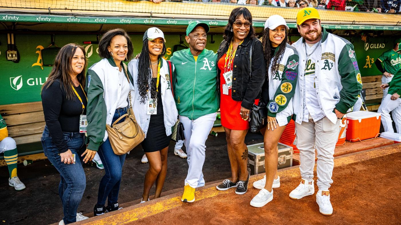 WATCH: A's legend Rickey Henderson catches first pitch from daughter on bobblehead night