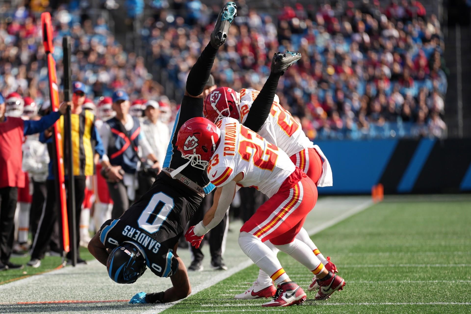 Panthers rookie Ja'Tavion Sanders carted off following scary injury vs. Chiefs