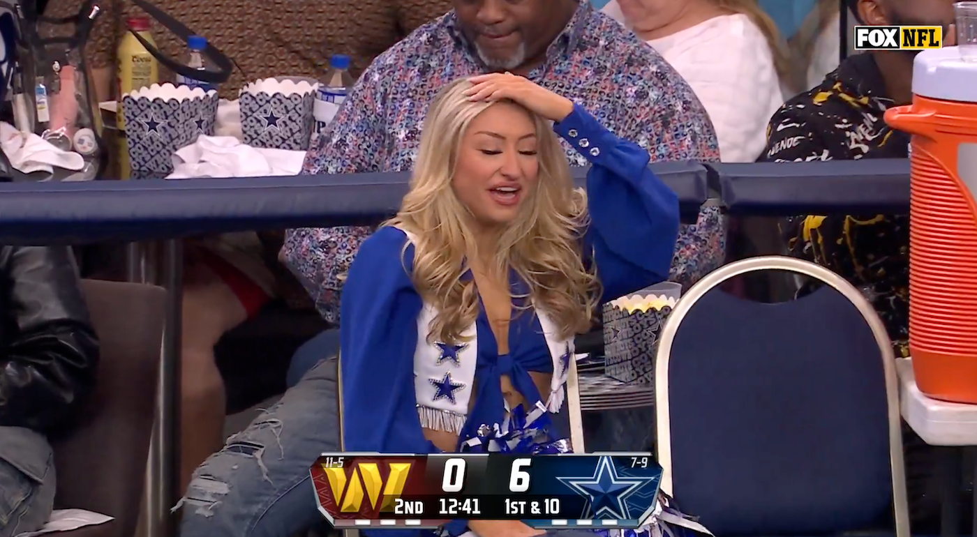 Cowboys cheerleader gets drilled in the head by errant Brandon Aubrey kickoff and here's the painful video