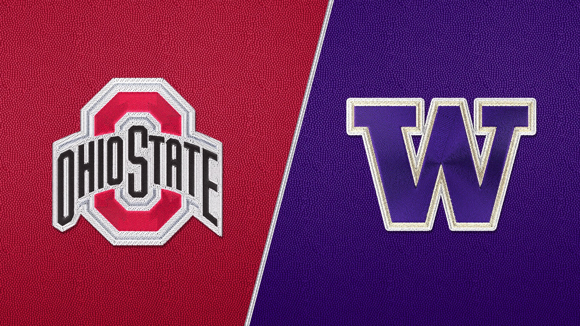The logos of the Ohio State Buckeyes and Washington Huskies on a split background, with Ohio State's logo on red and Washington's logo on purple.