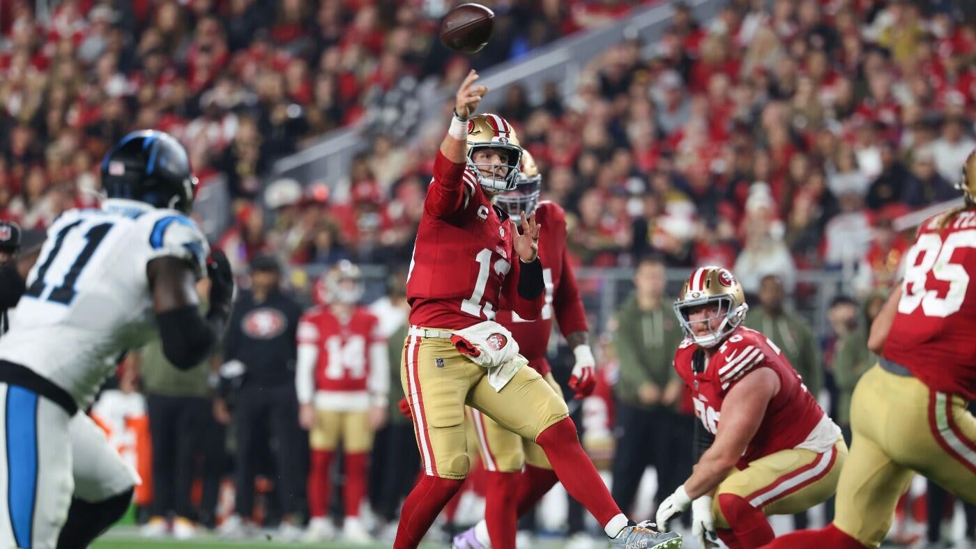 Brock Purdy unravels early with three first-half INTs, but 49ers still lead Panthers on strength of defense