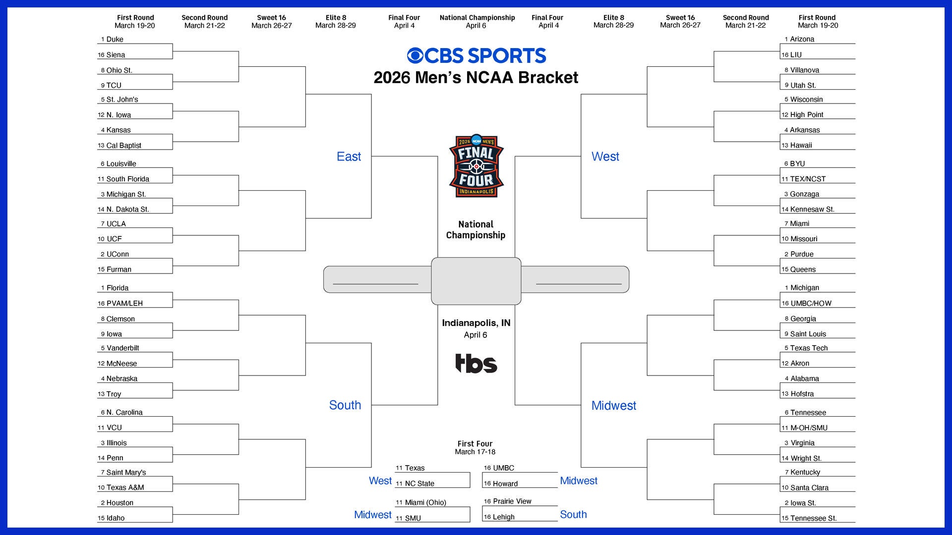 NCAA bracket 2026: Printable March Madness bracket for men's NCAA Tournament