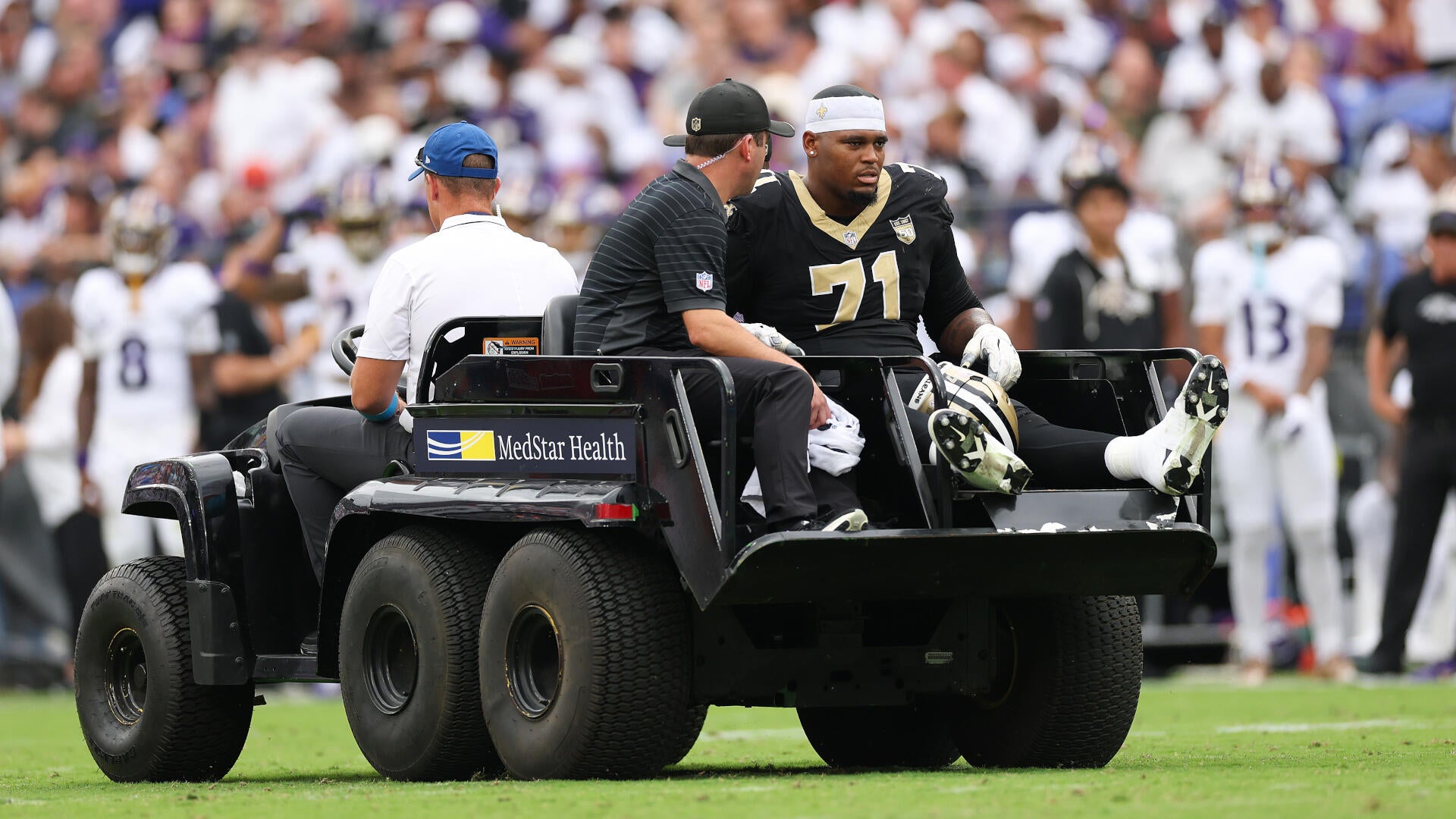 Saints LT Kelvin Banks Jr. carted off with leg injury vs. Ravens