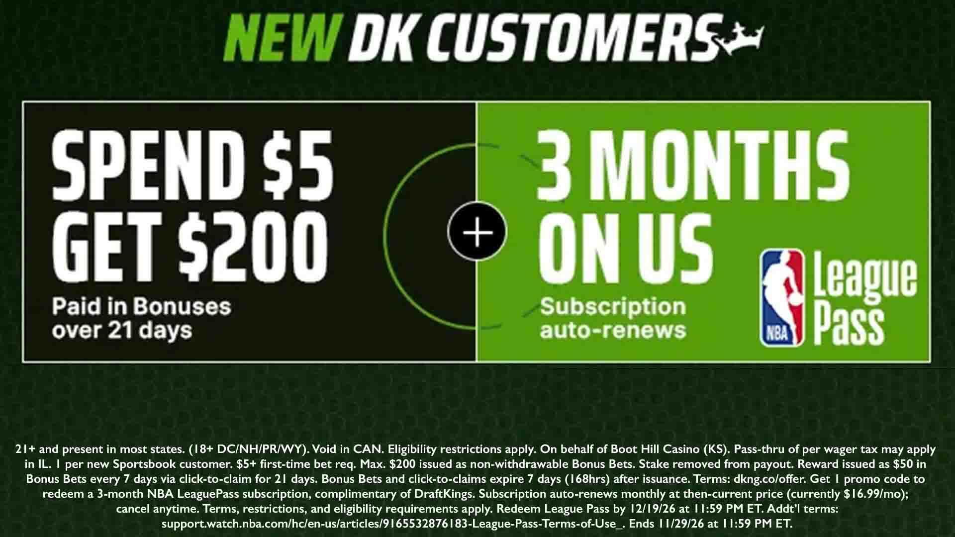 Use DraftKings promo code to get $200 bonus bets, free NBA League Pass for Purdue-Washington, college football