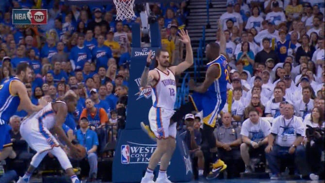 Draymond Green's foot meets Steven Adams' groin.