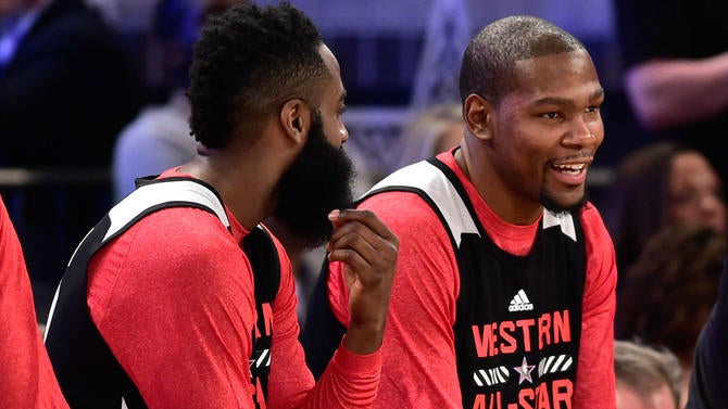 Kevin Durant and James Harden talk at All-Star practice