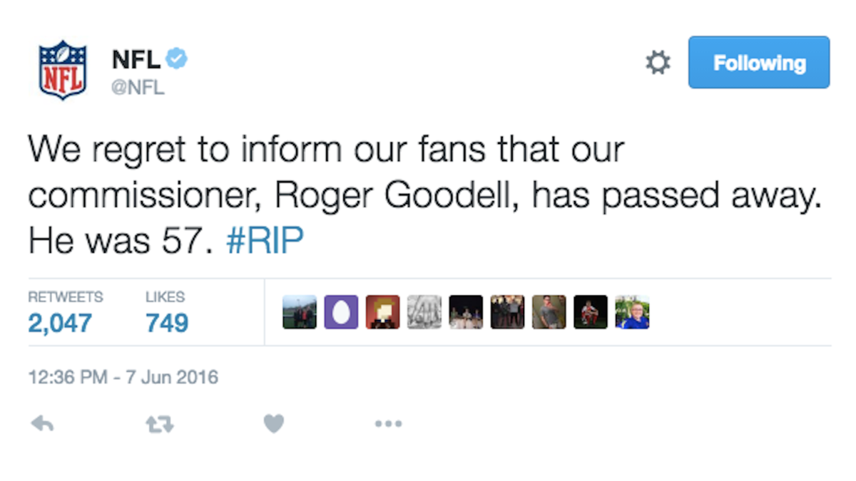 The NFL's Twitter account was hacked, but Roger Goodell is very much alive  