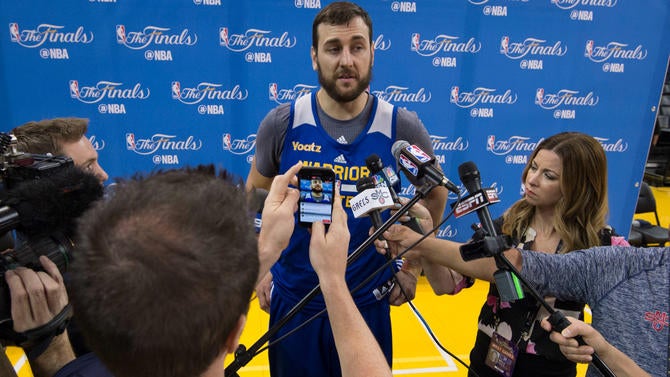 Andrew Bogut talks at NBA Finals media day
