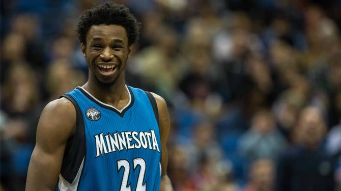 Andrew Wiggins laughs during a game