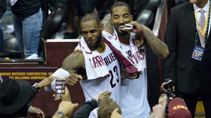 LeBron James and J.R. Smith celebrate after Game 6 of NBA Finals