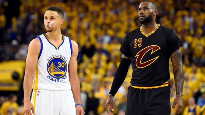 Stephen Curry and LeBron James at Oracle in the Finals