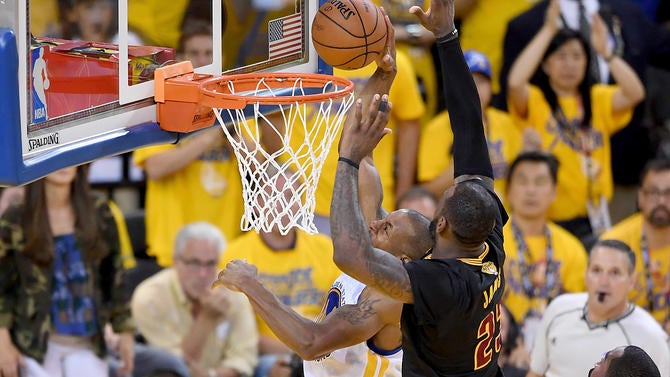 LeBron James blocks Andre Iguodala in Game 7