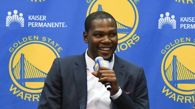 Kevin Durant at his first presser with the Warriors