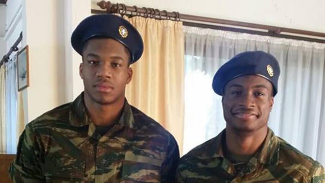 Giannis and Thanasis Antetokounmpo in Greek military uniforms