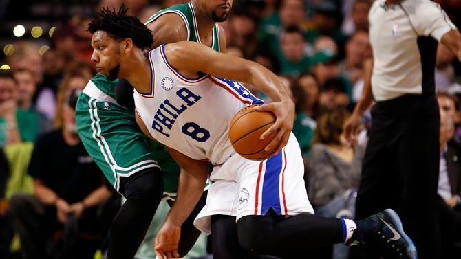 Jahlil Okafor drives in Boston