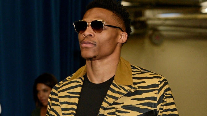 Russell Westbrook arrives at a game