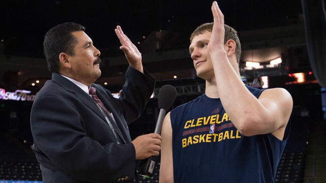 Timofey Mozgov and Guillermo at the NBA Finals