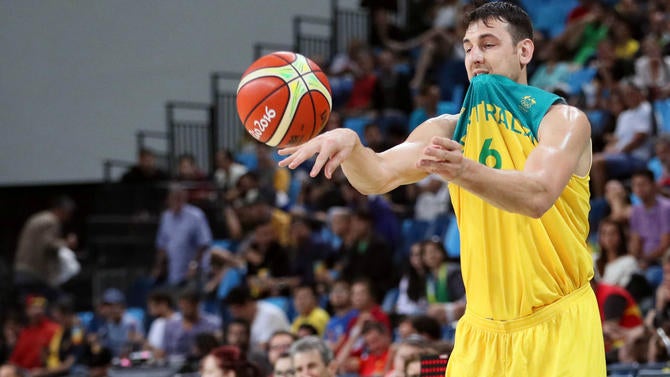 Andrew Bogut inbounds the ball in bronze medal game