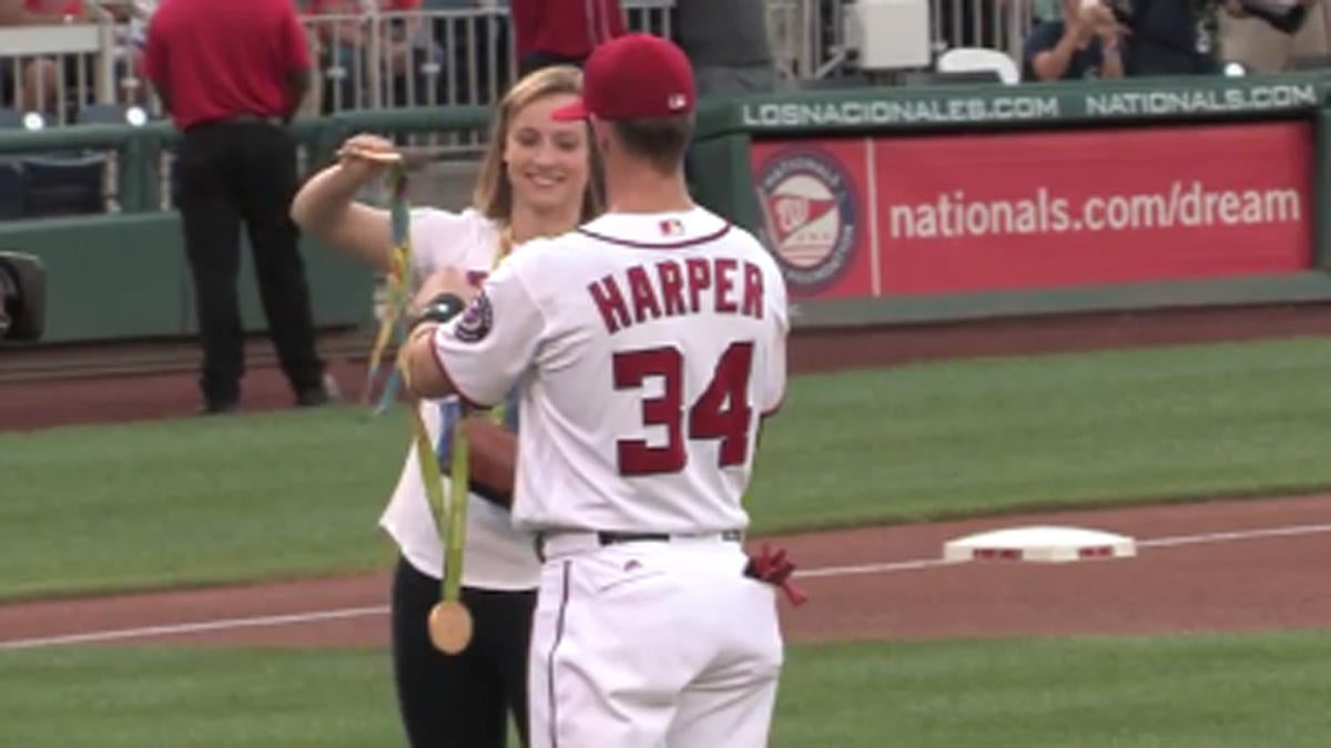 Bryce Harper becomes personal medal display for Katie Ledecky – East Bay  Times