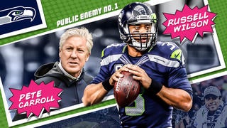 Russell Wilson does Pete Carroll for Halloween -- wig, gum and all