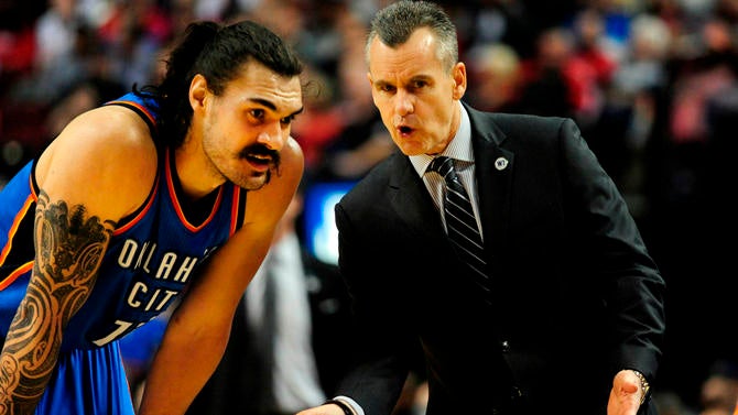 Steven Adams talks to Billy Donovan