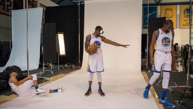 Andre Iguodala, Stephen Curry, Kevin Durant at media day