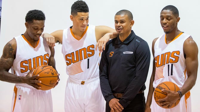 Brandon Knight, Earl Watson, Eric Bledsoe, Devin Booker at media day