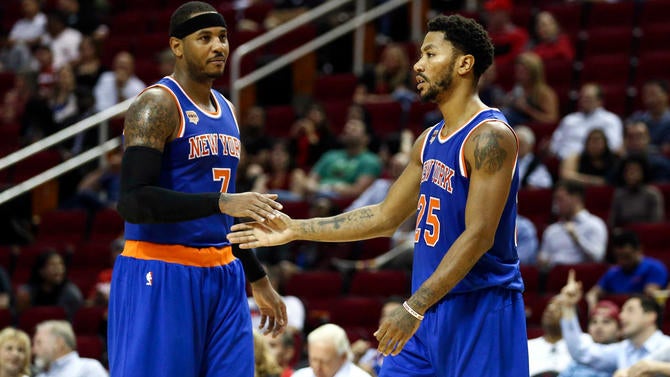 Carmelo Anthony and Derrick Rose in the preseason