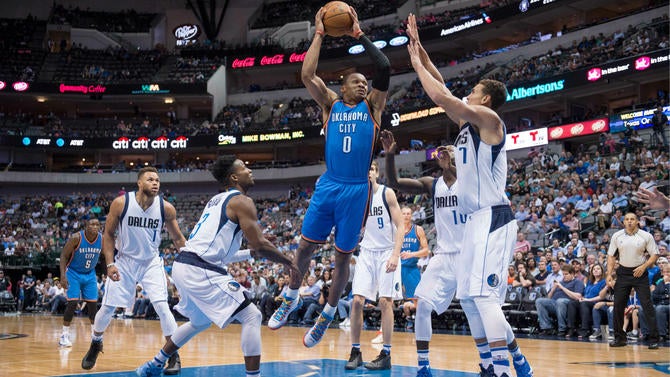 Russell Westbrook surrounded by defenders