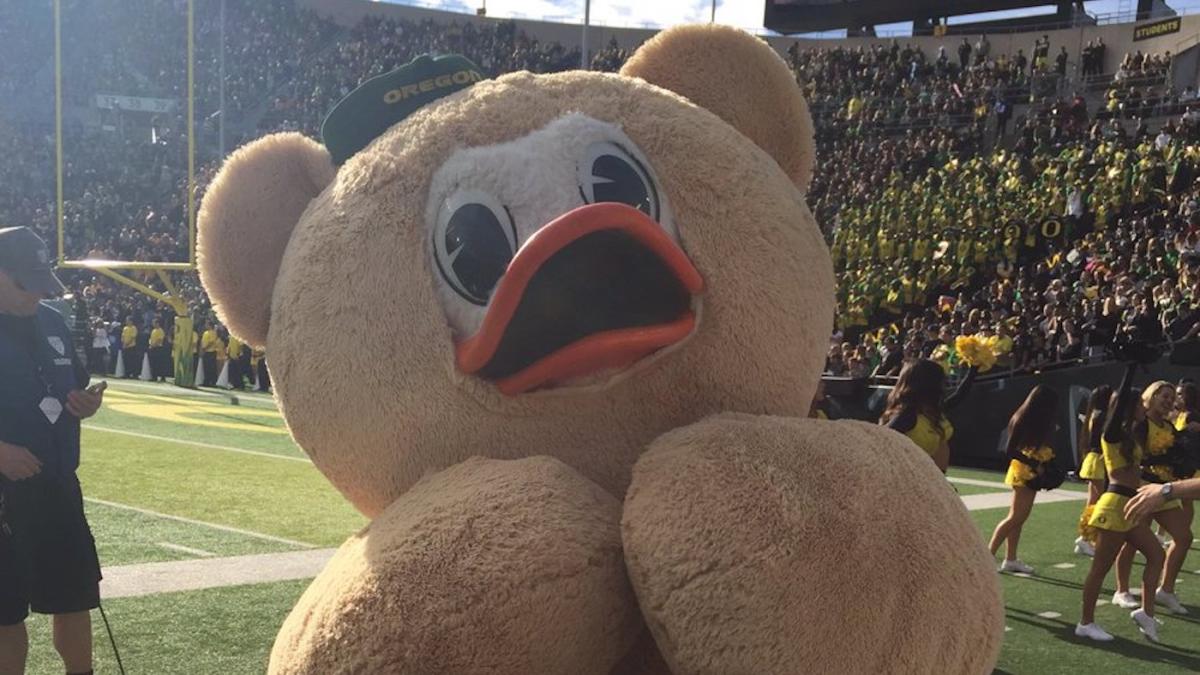 EUGENE, OR - AUGUST 31: The Oregon Ducks mascot, Puddles, leads the team  onto the field prior to the start of the game during a college football  game between the Oregon Ducks, image size:1200x675