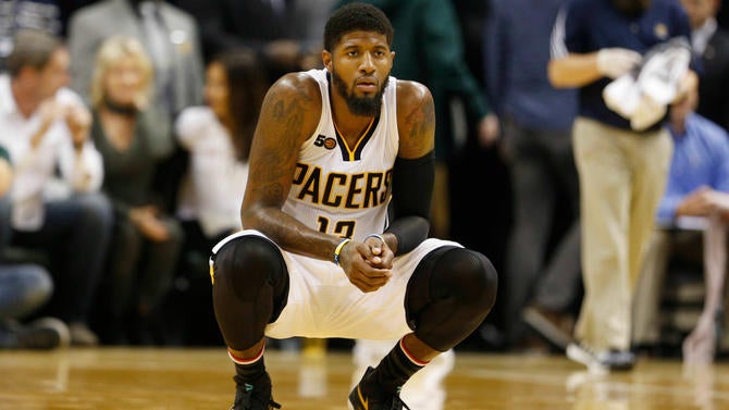 Paul George looks unhappy