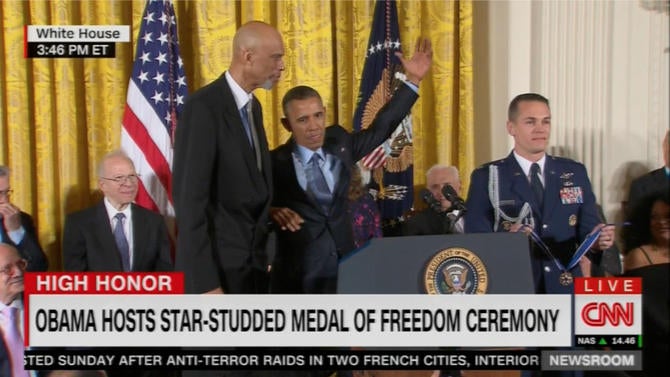 President Obama's skyhook next to Kareem Abdul-Jabbar