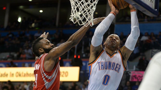 Russell Westbrook and James Harden at the basket