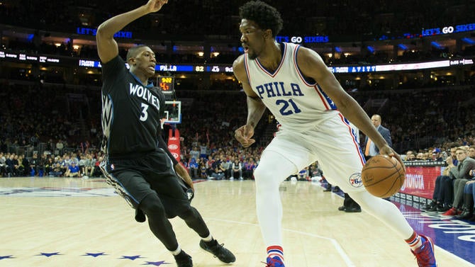 Joel Embiid handles the ball