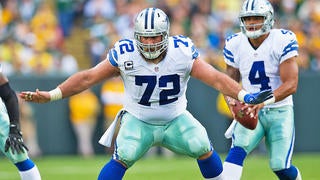 The starting Dallas Cowboys offensive line of Dallas Cowboys tackle Tyron  Smith (77), Dallas Cowboys guard Ronald Leary (65), Dallas Cowboys center  Travis Frederick (72), Dallas Cowboys guard Zack Martin (70) and