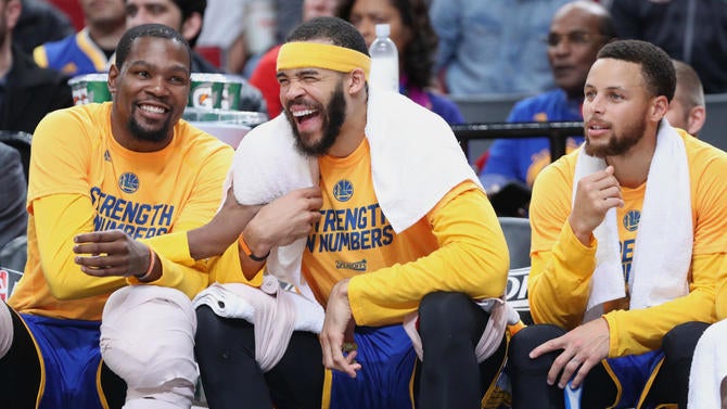 Kevin Durant, JaVale McGee, Stephen Curry have a laugh