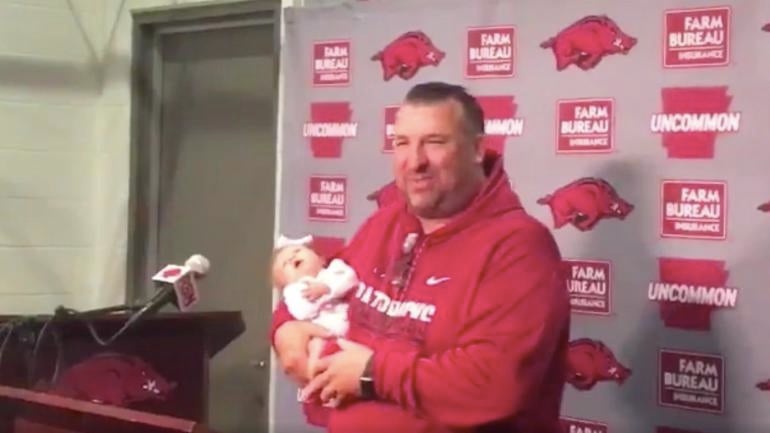 WATCH: Bret Bielema introduces new baby to media at 