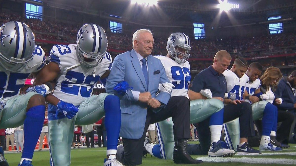 Look Jerry Jones Takes A Knee Links Arms With Cowboys Players Before Anthem Cbssports Com