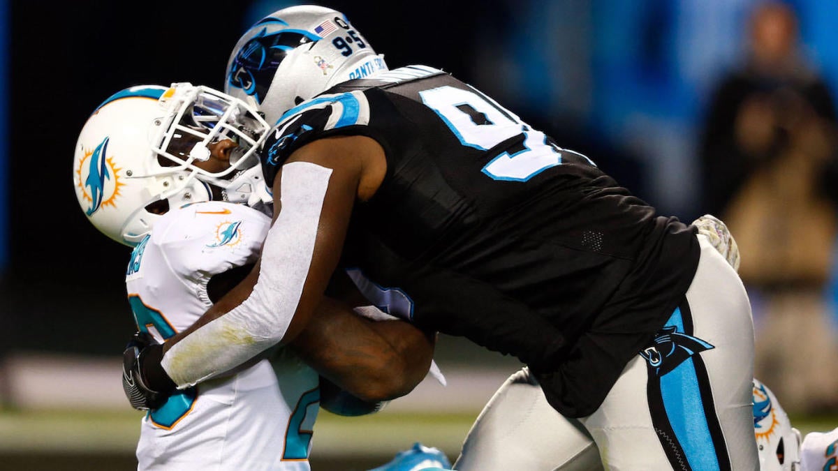 Carolina Panthers defensive end Charles Johnson (95) freacts to a